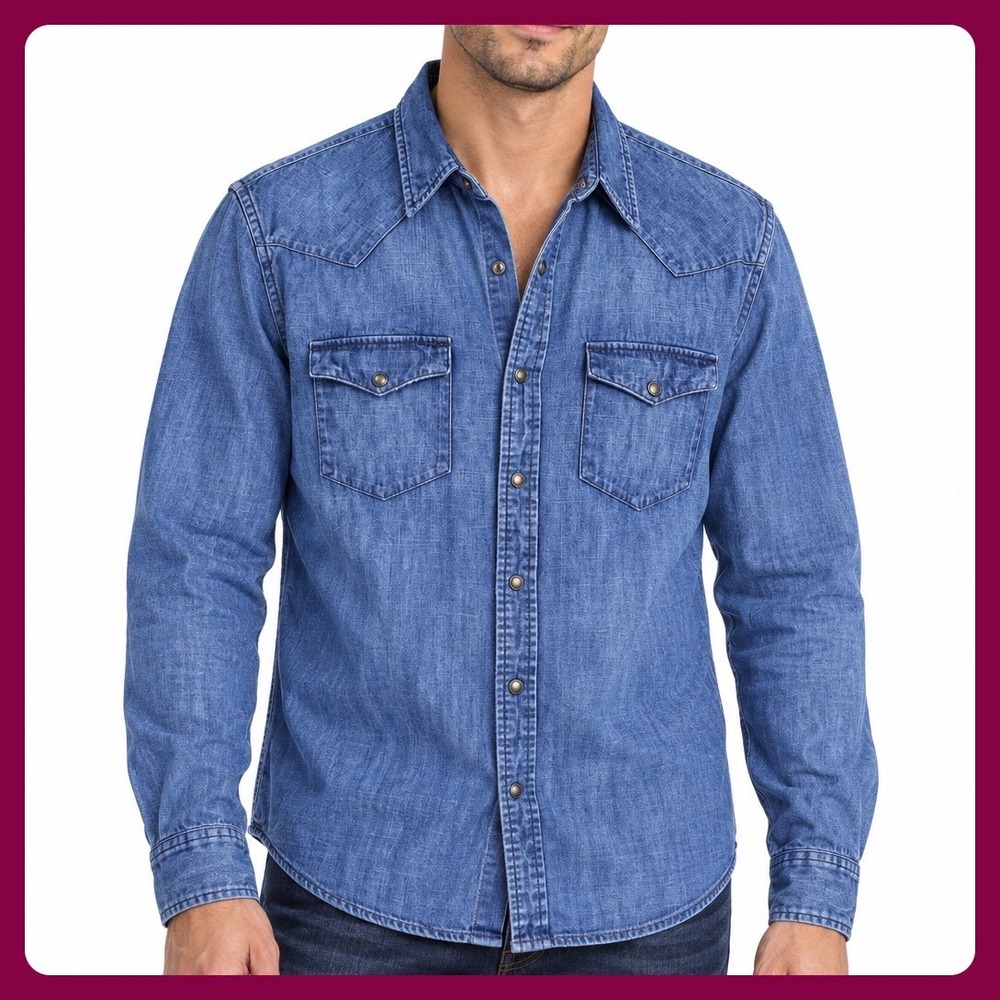 American Eagle Western Shirt Men Large Blue Chambray Vintage Fit Snap Flip Cuffs